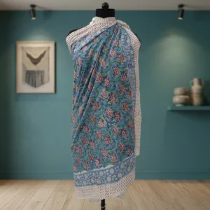 Sari en coton bleu à motifs floraux imprimés à la main, motifs Paisley, bordure décorative, tenue ethnique traditionnelle pour femme, logo réversible sur le devant - Product Image 4