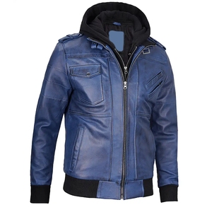 Veste à capuche en cuir de vache bleu pour homme, style motard, fermeture éclair, poches avant, coupe classique, hiver, tendance OEM - Product Image 4