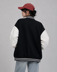 Veste universitaire marron avec manches crème, fermeture à boutons contrastés, col rabattu, vêtement d'automne pour femme - Product Image 6