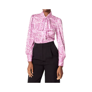 Camisas de Moda para Mujer, Color Rosa, Tejidas, con Estampado Floral, de Gasa, Ecológicas, con Cuello Halter, Cordones, Manga Larga, Cuello con Lazo - Product Image 6