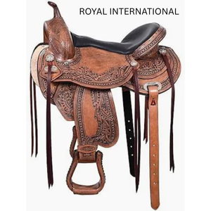 Selle de cheval western artisanale en cuir marron de qualité supérieure avec siège rembourré, pour le cowboy, le ranch, l'équitation sur sentier, équipement équestre durable avec étriers - Product Image 1