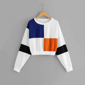 Custom Women Color Block Cropped Sweatshirt Casual Long Sleeve Crewneck Pullover <b>Patchwork</b> Streetwear Fleece Crop <b>Top</b> Hoodie - Product Image 1