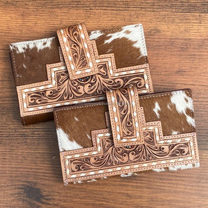 Portefeuille à deux volets en cuir repoussé à la main de haute qualité pour femmes portefeuille d'embrayage de voyage en peau de vache porte-carte de crédit longs portefeuilles - Product Image 3