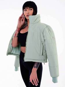 Top <b>Women's</b> <b>Light</b> Green Quilted Puffer Jacket Stand Collar Full Sleeve Zipper Closure Winter <b>Coat</b> Solid Color Puff Sleeve Design - Product Image 1