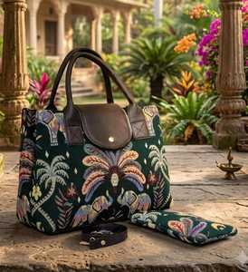 Bolsa de Lona Jacquard con Elefantes Pintados a Mano de Elite Craft Studio, con Cierre de Cremallera, Resistente al Agua y Antirrobo, para Compras y Viajes - Product Image 1