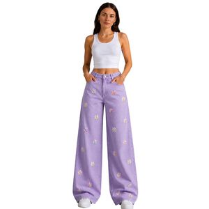Vaqueros anchos de mujer morados lavanda con bordado floral, cintura alta, ajuste holgado, estilo baggy, pantalones de mezclilla informales, ropa de calle, OEM personalizado - Product Image 1