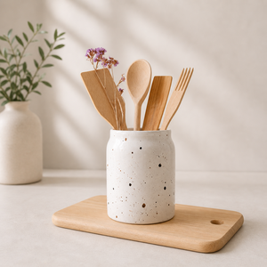 Porte-ustensiles en céramique moderne moucheté, finition polie, base lourde, résistant à la chaleur, organisateur de comptoir de cuisine, rangement élégant - Product Image 1