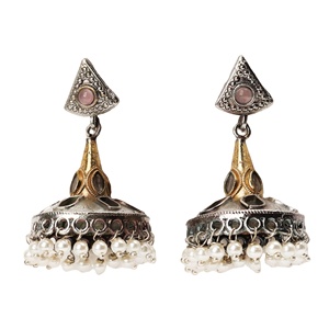 Pendientes Colgantes de Dos Tonos en Plata Antigua y Latón con Flor, Estilo Bohemio Indio, Engaste de Bisel con Piedra Rosa para Mujer |   Aniversario - Product Image 1