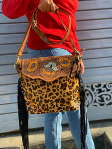 Sac à main en cuir à frange en fourrure léopard pour femmes, fourre-tout torsadé à frange, bourse en cuir, meilleures ventes - Product Image 3