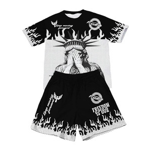 Men's Summer Casual 2-Piece <b>Y2K</b> Outfit Crewneck Short Sleeve Graphic Tee <b>Shirt</b> and Baggy Shorts Set - Product Image 1