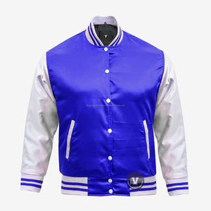 Chaqueta cortavientos de satén de estilo fresco con cuello de punto, venta al por mayor, chaquetas universitarias de satén rojo de béisbol, ribete a rayas para hombres - Product Image 1