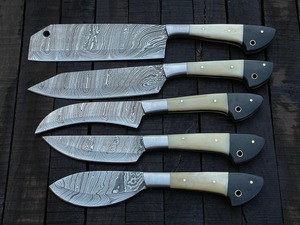 Custom Handmade Five-Piece Chef <b>Set</b> in Damascus Steel Bone+Horn Handles Durable <b>Sharp</b> <b>Knives</b> Ambidextrous Design Leather Roll - Product Image 5