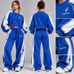 Ensemble survêtement décontracté pour femme, sweat-shirt court et pantalon large, color block bleu et blanc, streetwear, sportswear, personnalisable, marque privée - Product Image 2
