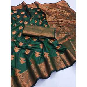 DESIGNER SOIE DOUCE CUIVRE JARI TISSAGE TRAVAIL SAREE AVEC CHEMISIER NON COUDU VERT - Product Image 1