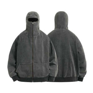 Sweat-shirt à capuche cagoule personnalisé vintage délavé à l'acide, entièrement zippé, masque de ski, coupe oversize, en coton épais, streetwear pour homme - Product Image 3