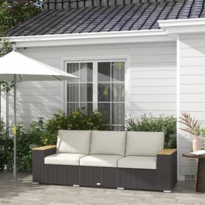 Divano da Esterno a 3 Posti in Rattan PE Beige con Cuscini e Braccioli Effetto Legno per Ville e Strutture Sportive - Product Image 2