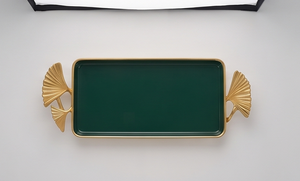 Plateau de service rectangulaire de luxe en émail vert avec poignées en feuille de Ginkgo, en métal doré poli, pour table basse, plateau de rangement, plat de service - Product Image 2