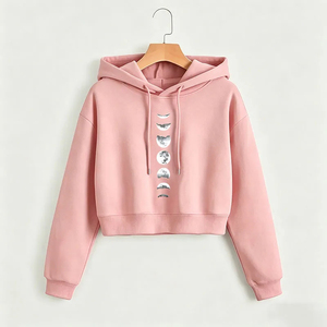 เสื้อฮู้ดครอปสีดำสำหรับผู้หญิง พิมพ์ลายข้างขึ้นข้างแรม ผ้าฝ้ายถัก โลโก้ด้านหน้า สไตล์ลำลองสำหรับฤดูใบไม้ร่วง - Product Image 4