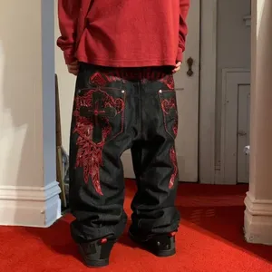 Wholesale Custom Mens Regular Wide Leg Solid Hip Hop <b>Y2K</b> Gothic Wing Cross Embroidered Black Denim Streetwear Trousers - Product Image 3