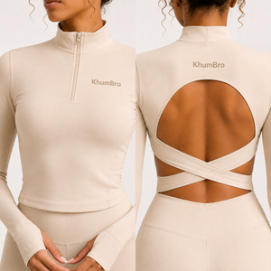 Custom Logo <b>Women</b> Backless Yoga Set 2-Piece Quarter-Zip Long-Sleeve <b>Crop</b> Top Thumb Holes High-Waist Scrunch Gym <b>Leggings</b> Spandex - Product Image 2