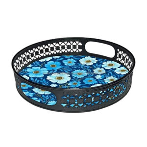 Nouvel arrivage Plateau de service élégant en métal avec imprimé floral et poignées découpées, parfait pour servir des collations, des boissons, du thé et du café - Product Image 2