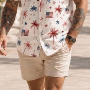 Chemise hawaïenne pour hommes à manches courtes, imprimé palmiers et drapeaux, col rabattu, chemises d'été respirantes - Product Image 2