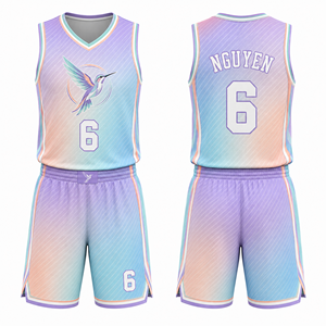 Tenue de basketball personnalisée en gros avec empiècements latéraux larges, col côtelé, bordure contrastante, design à rayures, motif dégradé et passepoil - Product Image 6