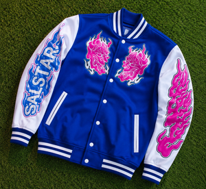 เสื้อแจ็คเก็ตเบสบอลสีน้ำเงินและสีขาวแบบกำหนดเองสำหรับผู้ชาย พร้อมลายปักกราฟิกสีชมพู, เสื้อแจ็คเก็ตบอมเบอร์สไตล์ Letterman สำหรับสตรีทแวร์ ผลิตโดยผู้ผลิตเสื้อแจ็คเก็ตบอมเบอร์ - Product Image 5