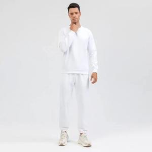 Chándal de Algodón Blanco para Hombre, Cuello Redondo, Manga Larga, Color Sólido, Corte Regular Informal, Cintura Elástica, Bolsillos Laterales, Ropa de Primavera - Product Image 1