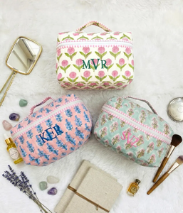 Handmade Quilted Cotton Vintage Zipper Large <b>Vanity</b> Pouch Floral Print Eco-Friendly Durable Cosmetic Case <b>Makeup</b> Organizer - Product Image 1