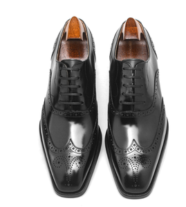 Zapatos Oxford de cuero genuino para hombre, con cordones, estilo Brogue, con punta de alas, formales, para negocios, bodas. - Product Image 1