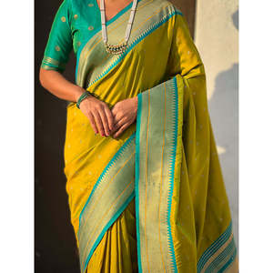 Mehendi Green Soft Silk Paithani Zari Woven Ethnic Saree <b>Shawl</b> with Intricate <b>Indian</b> Design - Product Image 2