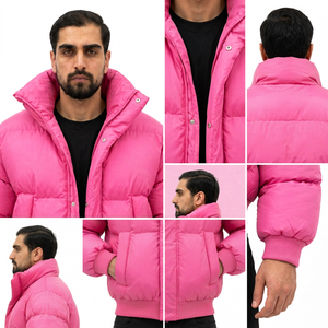 Chaqueta Acolchada Rosa para Hombre, Cuello Alto, Cierre de Cremallera, Relleno Grueso de Poliéster, Estilo Casual de Invierno, Corte Holgado, Color Sólido, Transpirable - Product Image 6