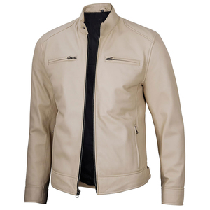 Blouson Moto en Cuir PU Beige pour Homme, Col Montant, Coupe Slim, Hiver, Respirant sur le Devant - Product Image 6