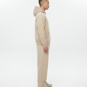 Ensemble de survêtement OEM personnalisé beige, comprenant un sweat à capuche oversize sans cordon et un pantalon de jogging ample de haute qualité pour hommes - Product Image 5