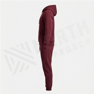 Men's <b>Maroon</b> Hooded Tracksuit Full Sleeve Solid Color Casual Wear With Drawstring And Side Pockets Regular Fit Autumn Style - Product Image 3