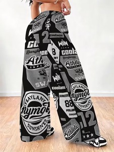 Girls' Straight Leg <b>Pants</b> , Black And White American Street Letter Print, Loose Wide Leg Trousers, Wide Leg Silhouet - Product Image 4