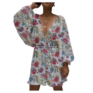 Robe de soirée sexy à col en V profond pour femme, en coton imprimé à la main, style lanterne, collection personnalisée - Product Image 2