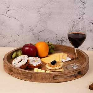 Round Wooden Serving Tray Solid Wood Minimalist Design Durable <b>Plate</b> for Dining Use - Product Image 2