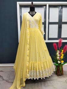 Hermoso Vestido Largo Anarkali Amarillo Moderno de Estilo Indio, con Dupatta de Diseñador, para Mujer, para Fiestas de Diwali, de Alta Calidad, Envío Rápido - Product Image 3