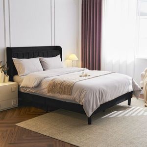 Full-Size Velvet Upholstered Platform Bed with Charging Station Storage Shelf Vertical Channel Tufted Wingback Bed Frame - Product Image 2