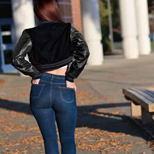 Chaqueta Corta Estilo Universitaria para Mujer, Totalmente Negra, Estilo Bomber, Mangas de Cuero Sintético, Ropa Exterior Informal, Moda Femenina - Product Image 6