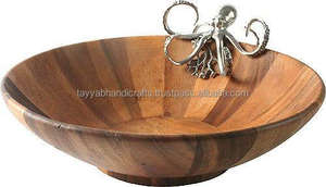 ชามไม้ทำด้วยมือพร้อมด้ามโลหะชามผลไม้และสลัดชามไม้อะคาเซียสำหรับบ้านโรงแรมและร้านอาหารจากอินเดีย - Product Image 3