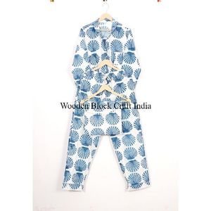 Women Pajama Set Long Sleeve Shirt Full Length <b>Pants</b> Blue Floral Print 100%Cotton Soft Elastic Waist Quick-Dry Casual Summer - Product Image 5