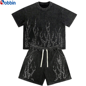 Unisex High Quality Cotton Drop Shoulder Oversized Rhinestone T <b>Shirt</b> Shorts Set Solid Color Plus Size <b>Men</b> T-<b>Shirt</b> & Shorts Set - Product Image 3