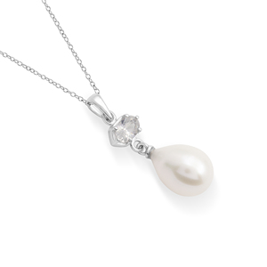 Collar con Colgante de Plata de Ley 925 con Topacio Blanco de Corte Ovalado y Perla de Agua Dulce, Estilo Clásico para Mujer, para Bodas y Fiestas - Product Image 1