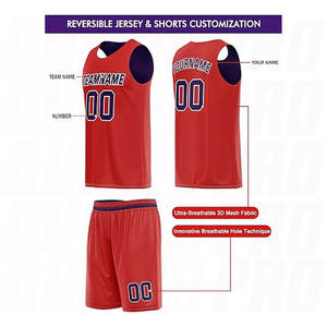 Ensemble d'uniformes de basketball personnalisés pour hommes et jeunes, impression du nom, du numéro et du logo de l'équipe, maillot et short de basketball bleu marine et rouge - Product Image 2