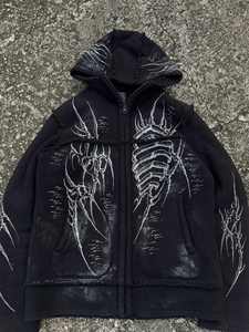 Custom Black Graphic Zip Up Hooded <b>Jacket</b> for <b>men</b> with Distressed White Bone-Inspired Artwork Panelled Construction - Product Image 2