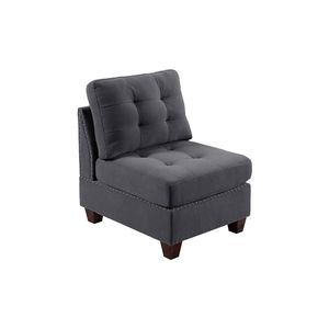 Poltrona da Soggiorno Senza Braccioli in Tessuto Grigio Effetto Lino con Gambe in Legno e Borchie, 1 Pezzo, con Cuscino - Product Image 1