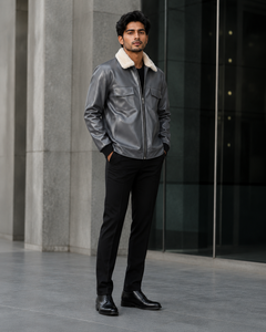 Veste en cuir PU pour homme avec col en fausse fourrure, fermeture éclair, vêtement d'hiver, coupe classique, couleur unie - Product Image 4